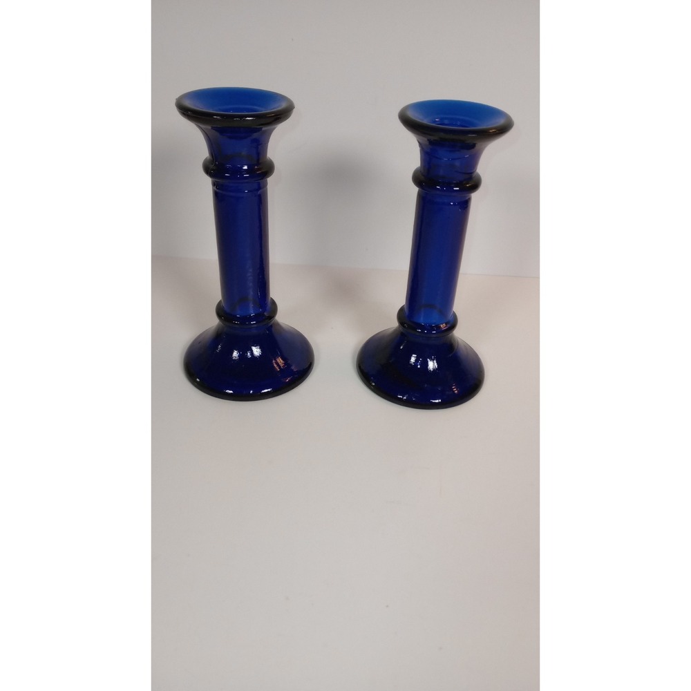 Vintage Cobalt Blue Glass Candlesticks Pair of 2 Stunning Pillar candlesticks
